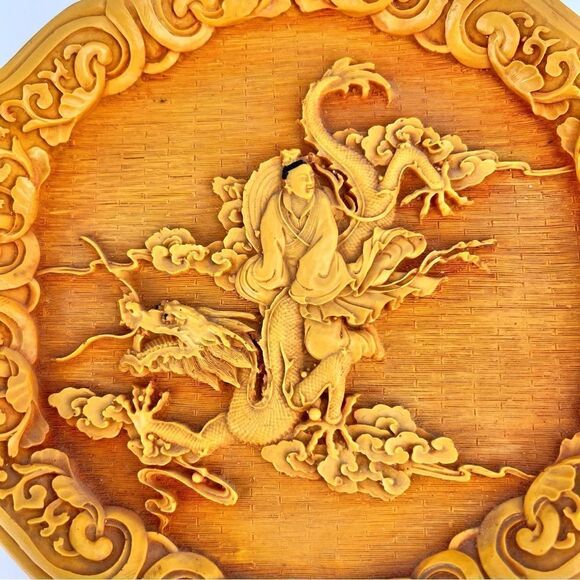 Vintage Chinese Dragon Themed Cinnabar Yellow Plate Asian Art - Picture 2 of 9